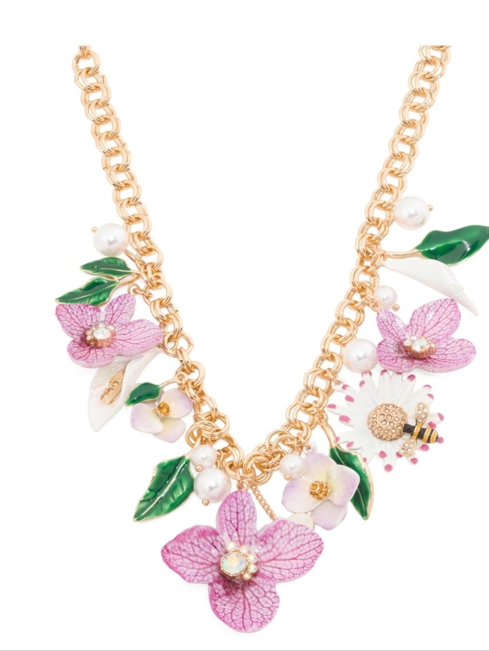 👉✨️ Betsey Johnson Gold-Tone Necklace with Pink Flower Bouquet and Pearl Charms